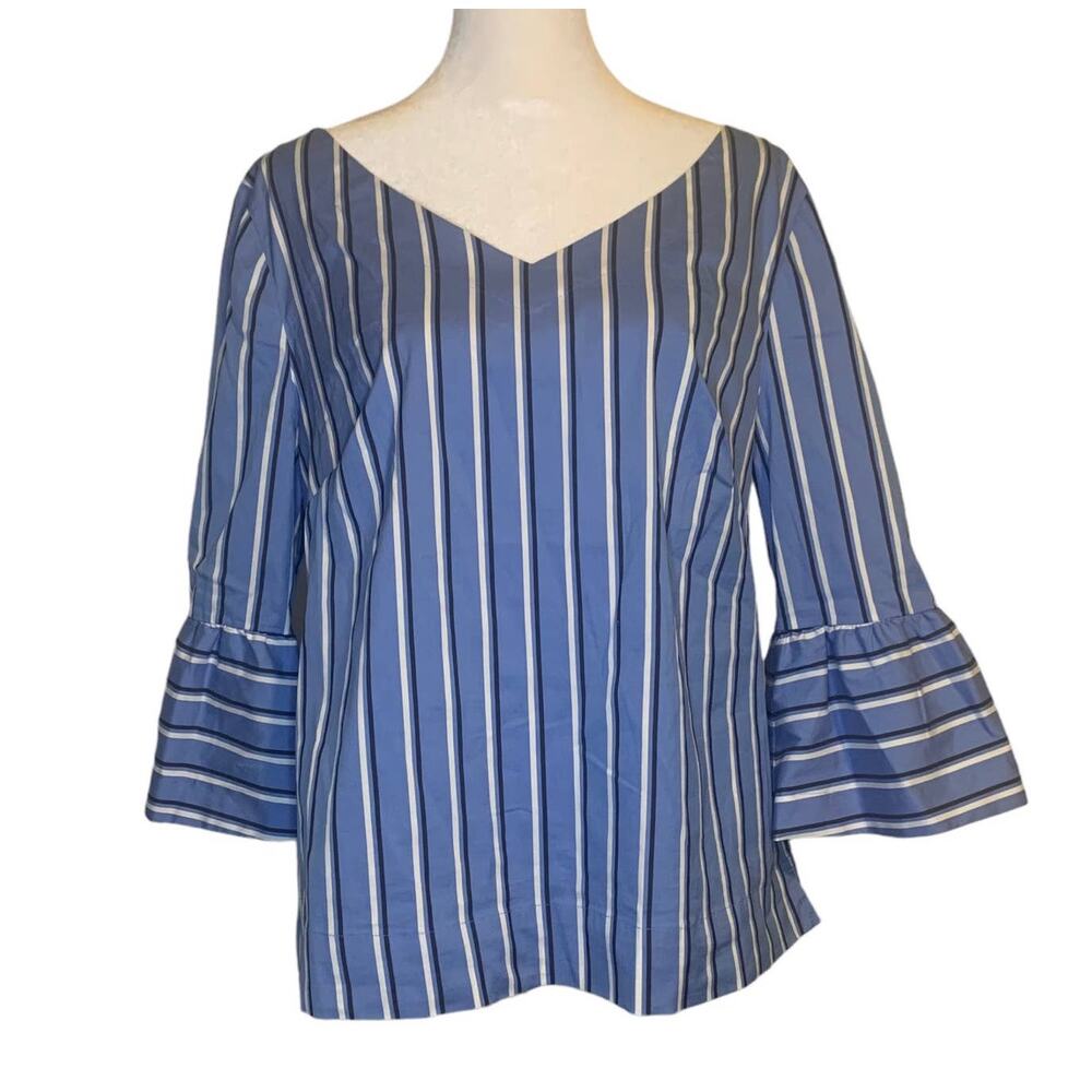 Blue Striped V-Neck Bell Sleeve Top